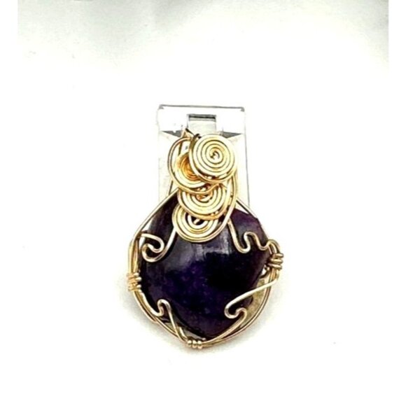 Handcrafted Amethyst Gemstone Wire-Wrapped Pendant With Gold-Tone Artistic Spira - Picture 1 of 6
